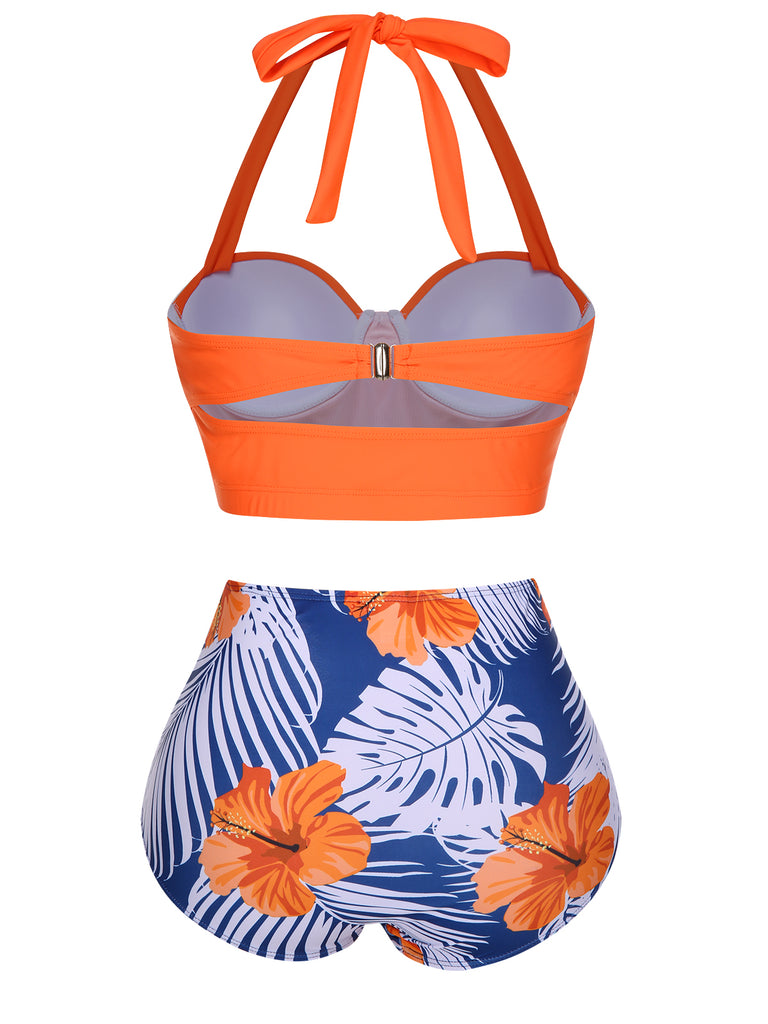 Halter Flowers Pleated Bikini Set