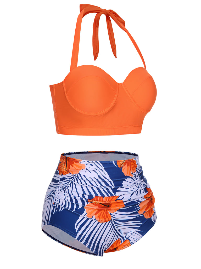 Halter Flowers Pleated Bikini Set