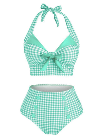 Light Green 1950s Gingham Halter Bowknot Bikini Set