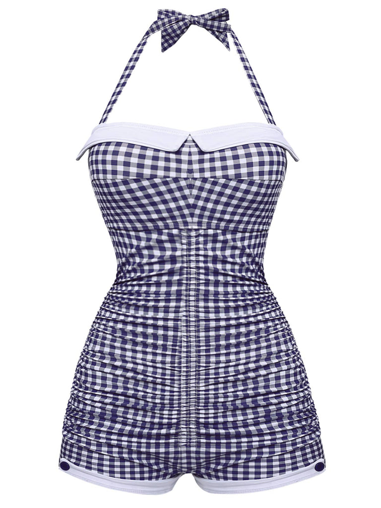 Gingham 1950s Halter Bowknot One-piece Swimsuit