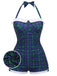 Blue-Green Gingham 1950s Halter Bowknot One-piece Swimsuit, vintage swimsuit, pin-up swimwear - perfect for women who love vintage and retro fashion
