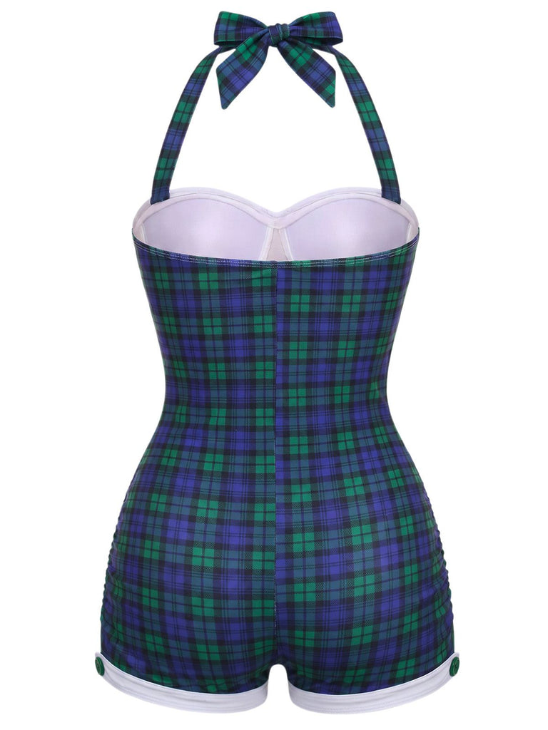 Blue-Green Gingham 1950s Halter Bowknot One-piece Swimsuit, vintage swimsuit, pin-up swimwear - perfect for women who love vintage and retro fashion