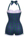 Blue-Green Gingham 1950s Halter Bowknot One-piece Swimsuit, vintage swimsuit, pin-up swimwear - perfect for women who love vintage and retro fashion