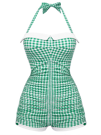 Gingham 1950s Halter Bowknot One-piece Swimsuit