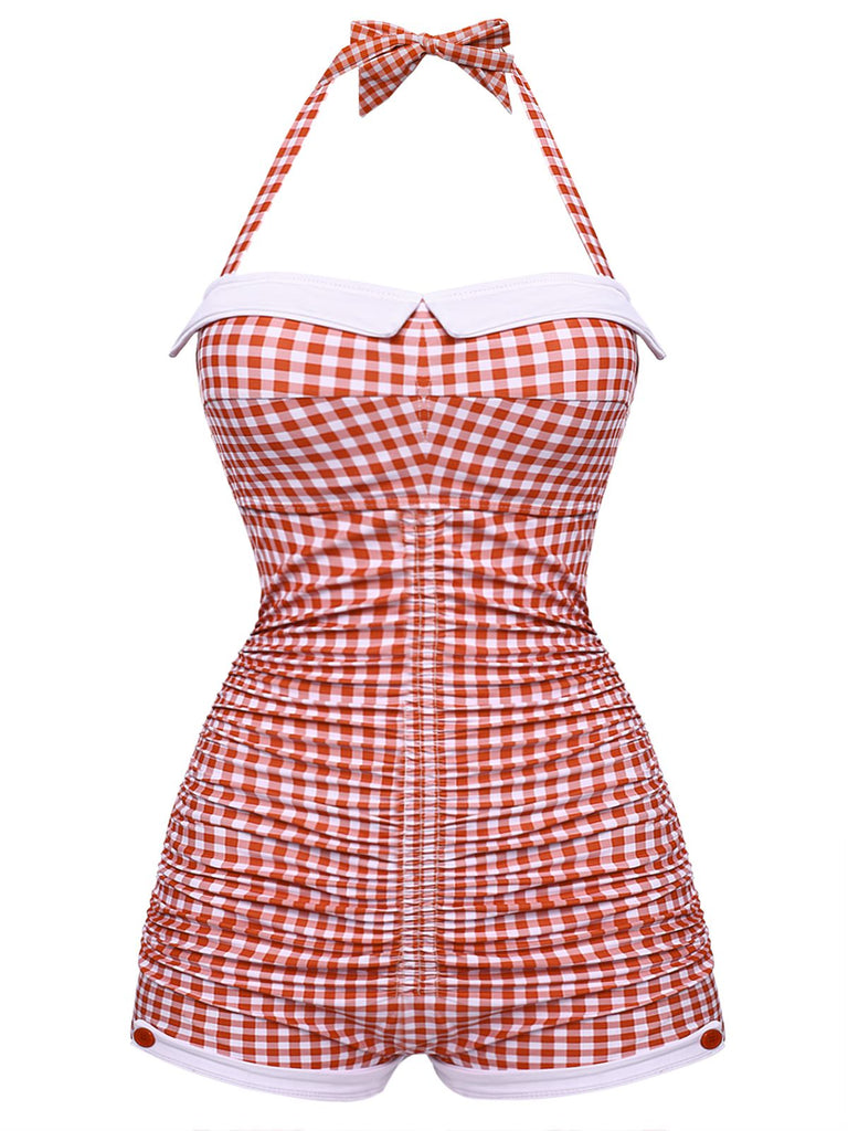 [Plus Size] Checked 1950s Halter Bowknot One-piece Swimsuit