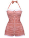 [Plus Size] Checked 1950s Halter Bowknot One-piece Swimsuit