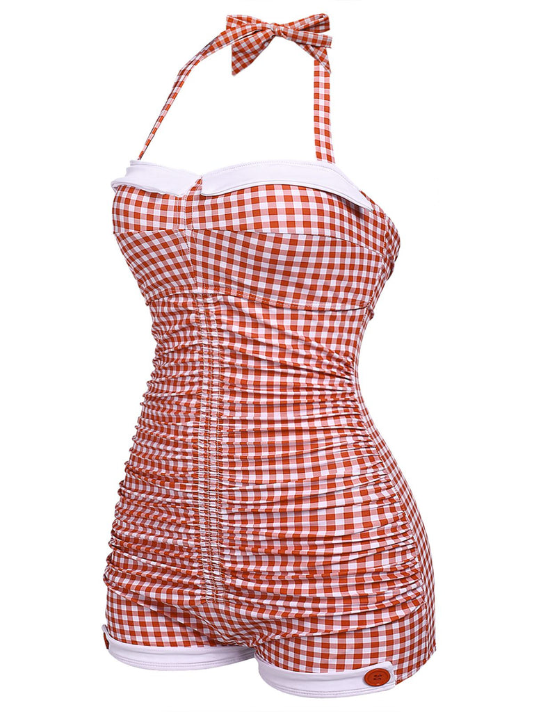 Gingham 1950s Halter Bowknot One-piece Swimsuit