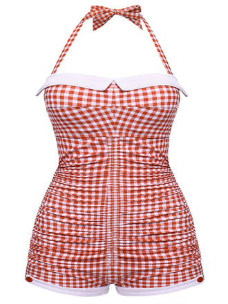 [US Warehouse] [Plus Size] Gingham 1950s Halter Bowknot One-piece Swimsuit