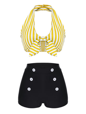 Yellow 1950s Retro Halter Stripes Bikini Set