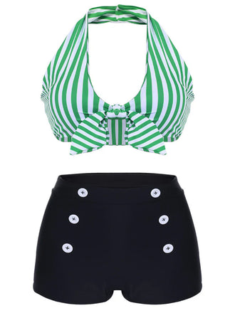 [US Warehouse] [Plus Size] Green 1950s Retro Halter Stripes Bikini Set