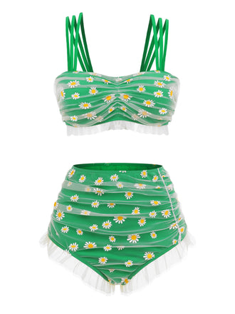 [US Warehouse] Green 1950s Summer Daisy Tankini Set