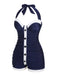 [Plus Size] Navy Blue 1950s Pleated Halter Swimsuit