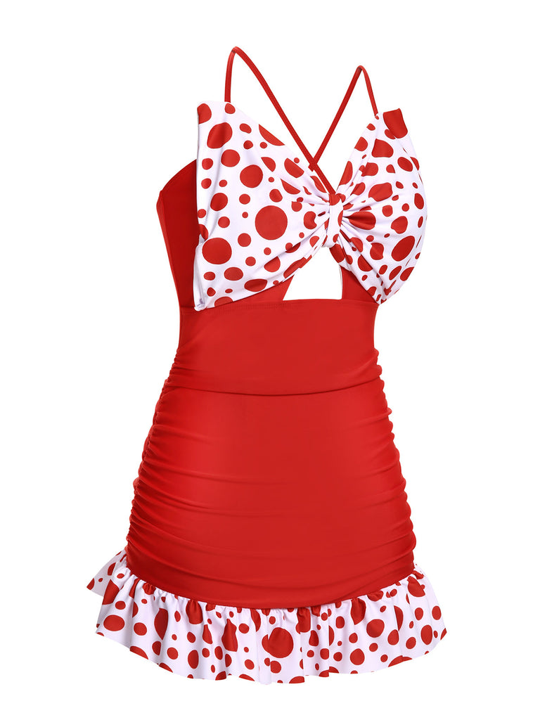 1930s Polka Dot Bowknot Patchwork Swimsuit