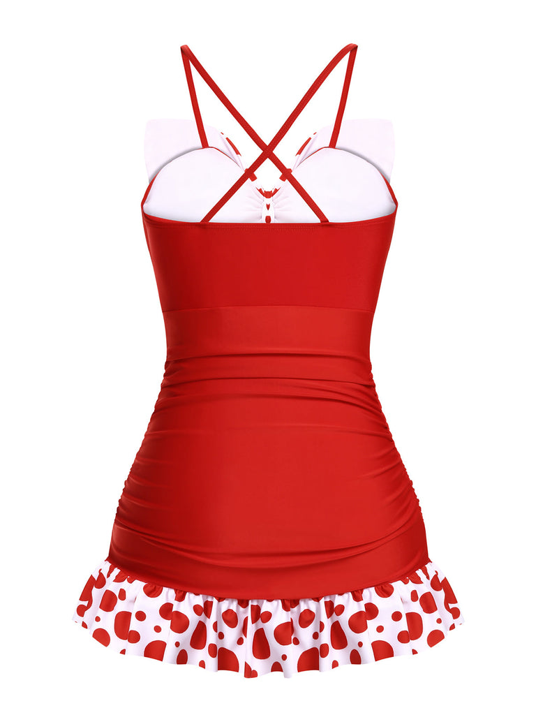 1930s Polka Dot Bowknot Patchwork Swimsuit