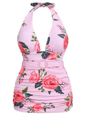 [US Warehouse] [Plus Size] Pink 1930s Roses Halter Belt Swimsuit