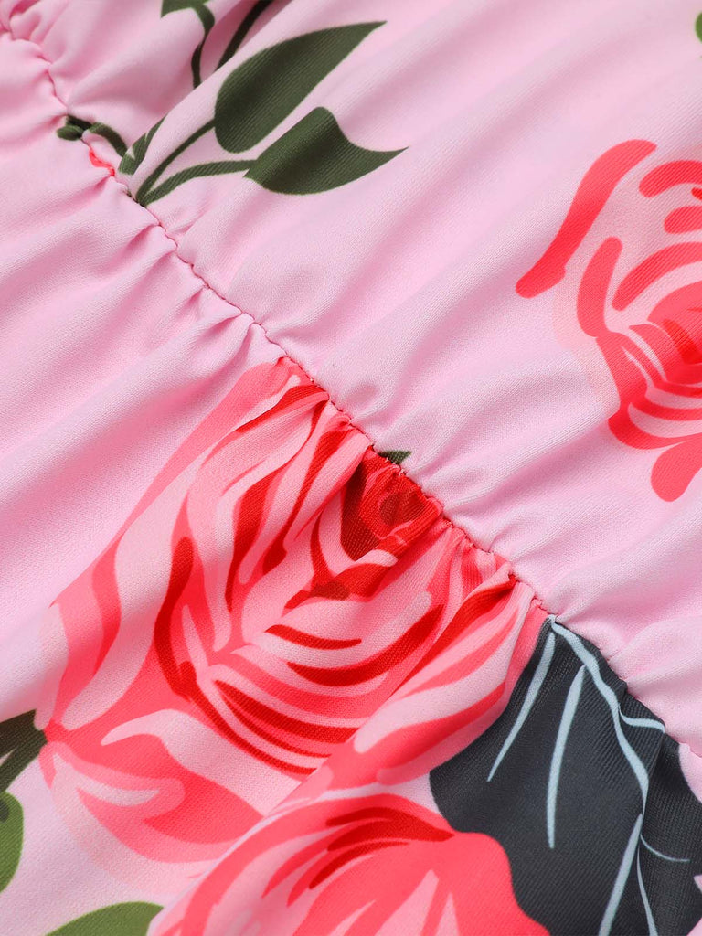 Pink 1930s Roses Halter Belt Swimsuit