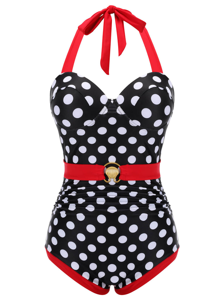 Black & Red 1950s Dots Halter Swimsuit