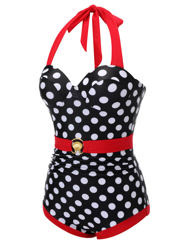 Black & Red 1950s Dots Halter Swimsuit