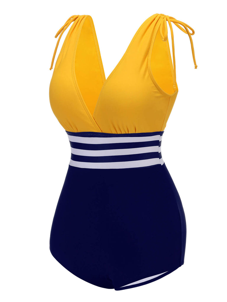 Yellow & Blue 1950s Striped Lace-Up Swimsuit