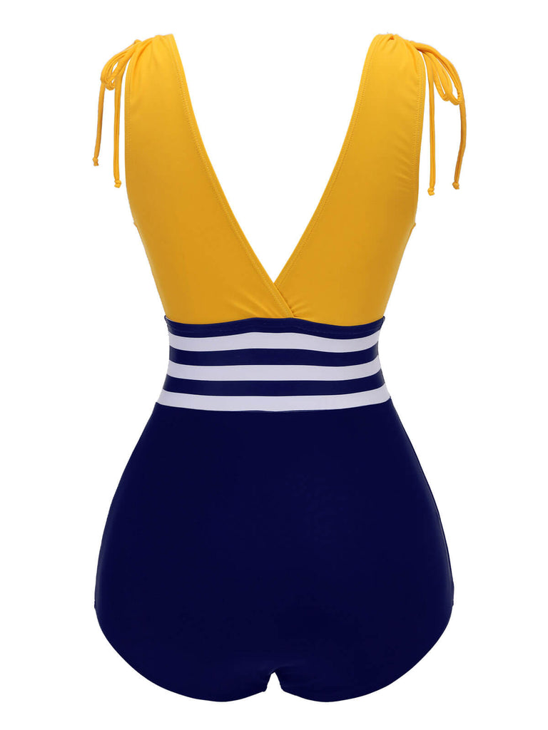 Yellow & Blue 1950s Striped Lace-Up Swimsuit