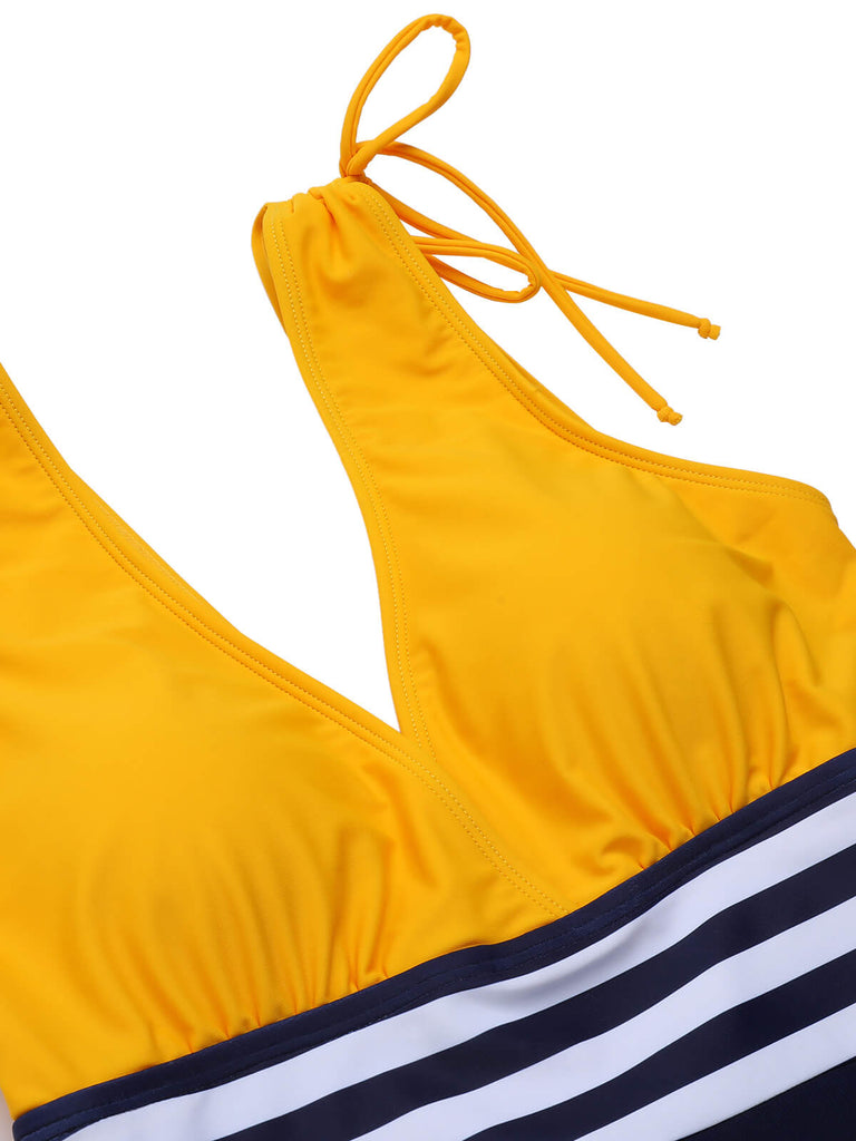 Yellow & Blue 1950s Striped Lace-Up Swimsuit