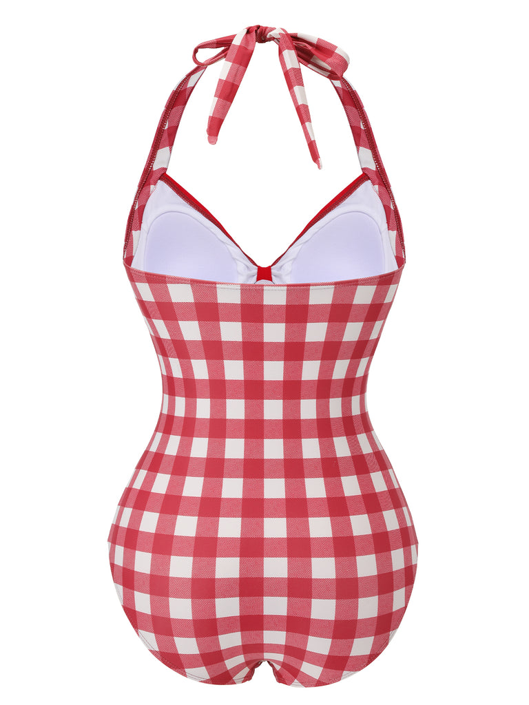 Red 1950s Plaids Added Bowknot Swimsuit