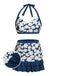 Blue 1940s Floral Ruffles Halter Swimsuit