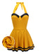 Yellow 1940s Contrast Halter Patchwork Swimsuit