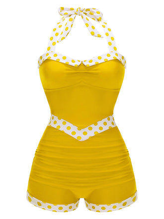 Yellow 1940s Halter Patchwork One-piece Swimsuit