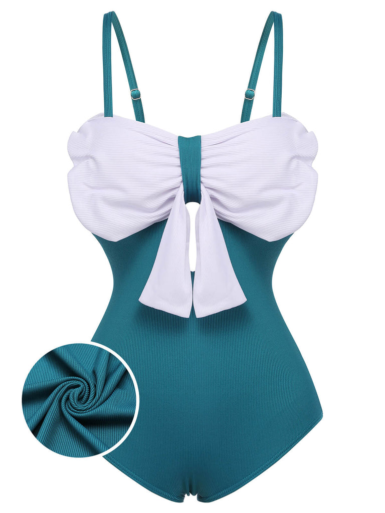 Blue 1930s Bow Strap One-piece Swimsuit