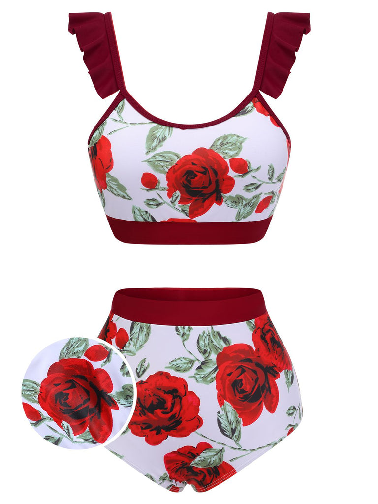 Red 1940s Floral Ruffles Swimsuit