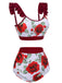 Red 1940s Floral Ruffles Swimsuit