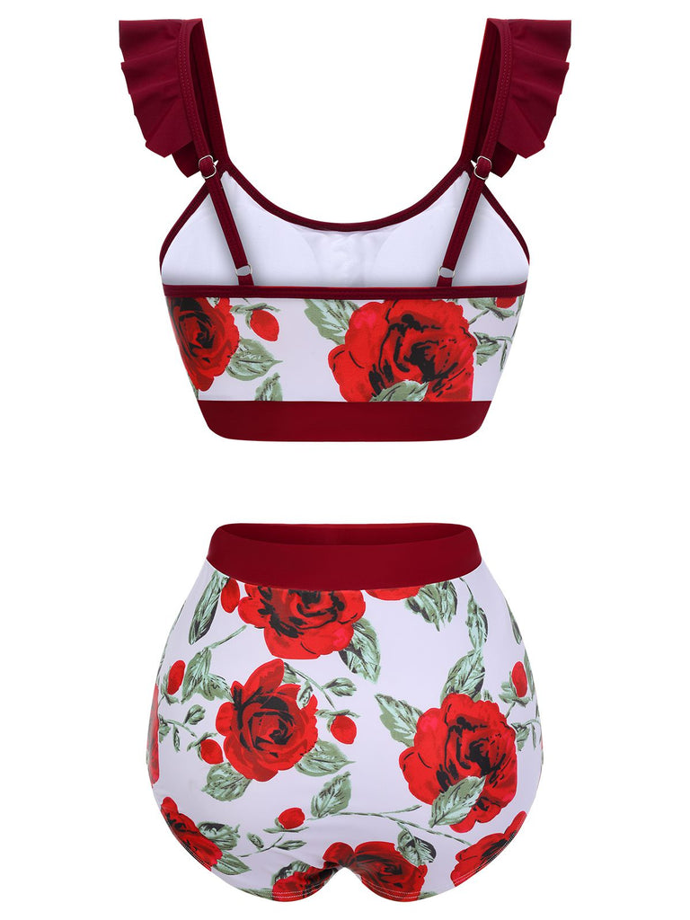 Red 1940s Floral Ruffles Swimsuit