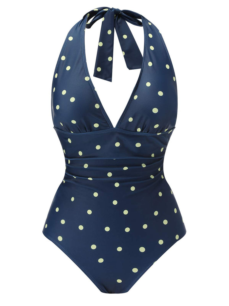 Blue 1960s Polka Dot Patchwork Halter Swimsuit