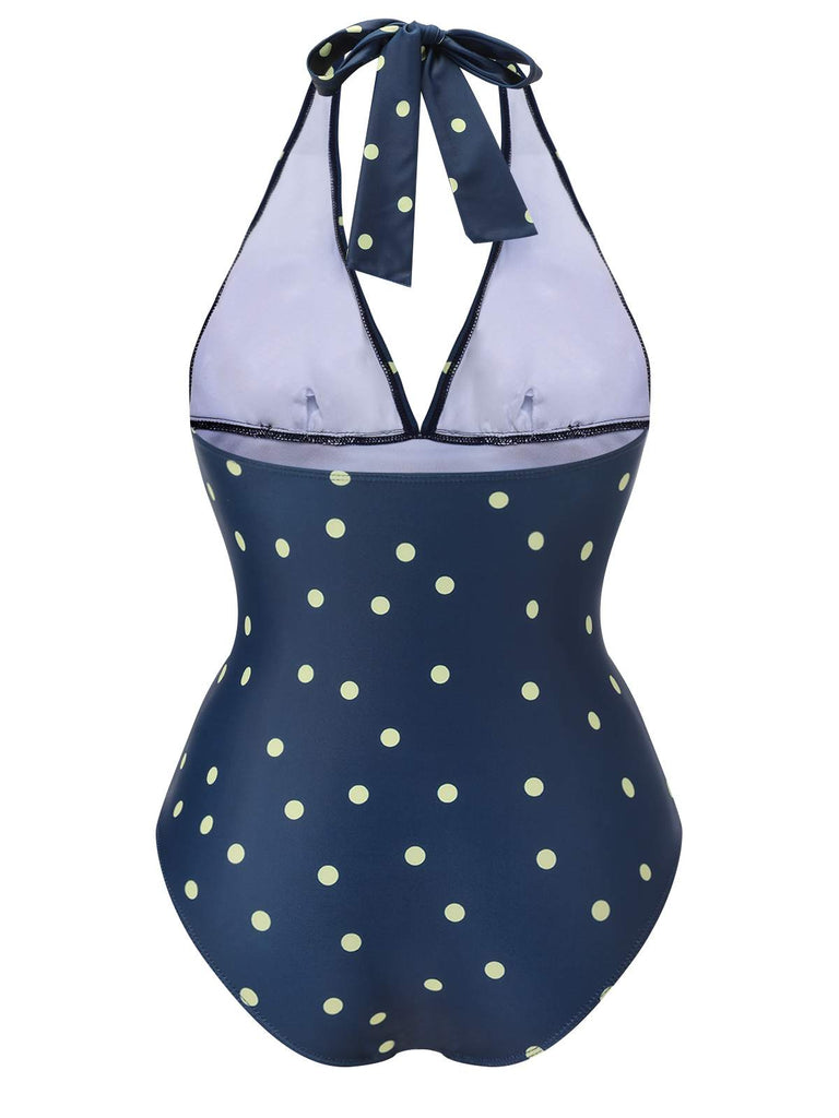 Blue 1960s Polka Dot Patchwork Halter Swimsuit