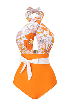 1950s Bow Tie Floral Cross Straps Swimsuit