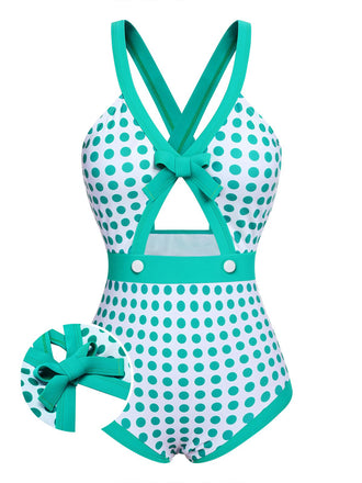 [US Warehouse] Green 1940s Polka Dot Bowknot One-Piece Swimsuit
