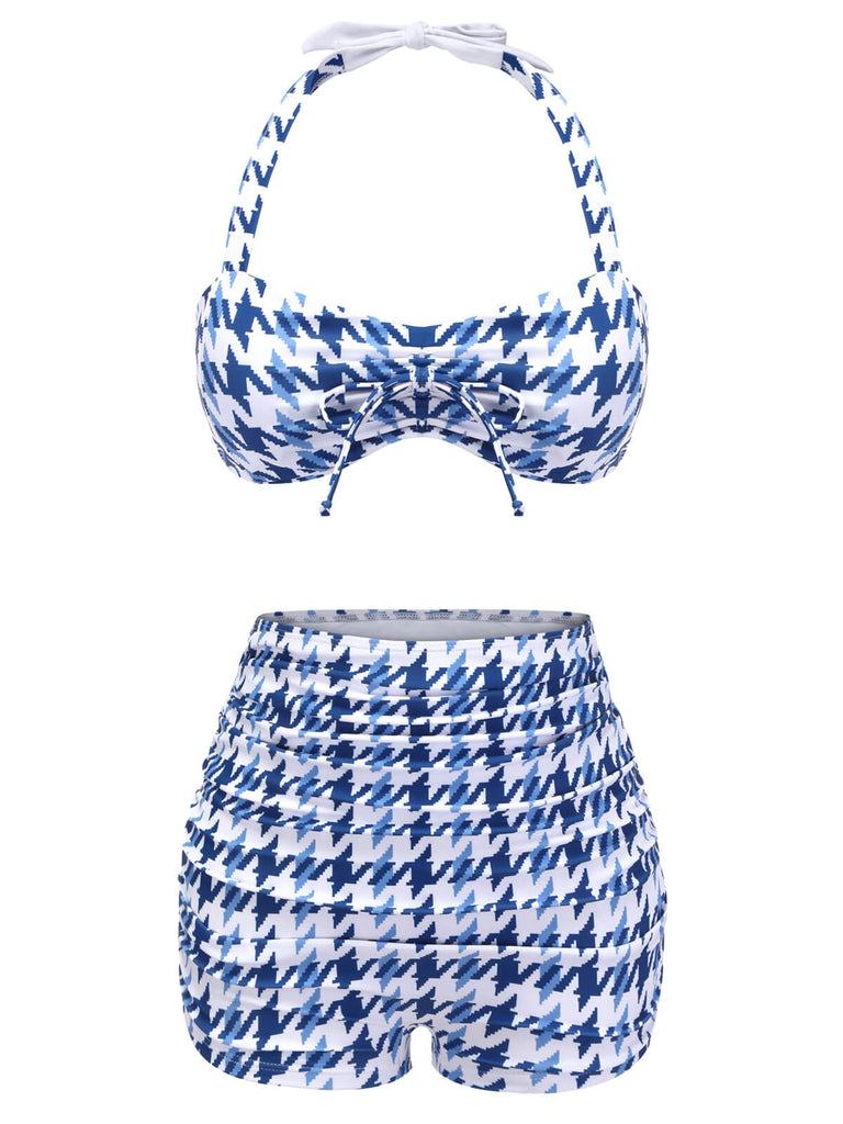 Blue 1940s Houndstooth Bow Halter Swimsuit