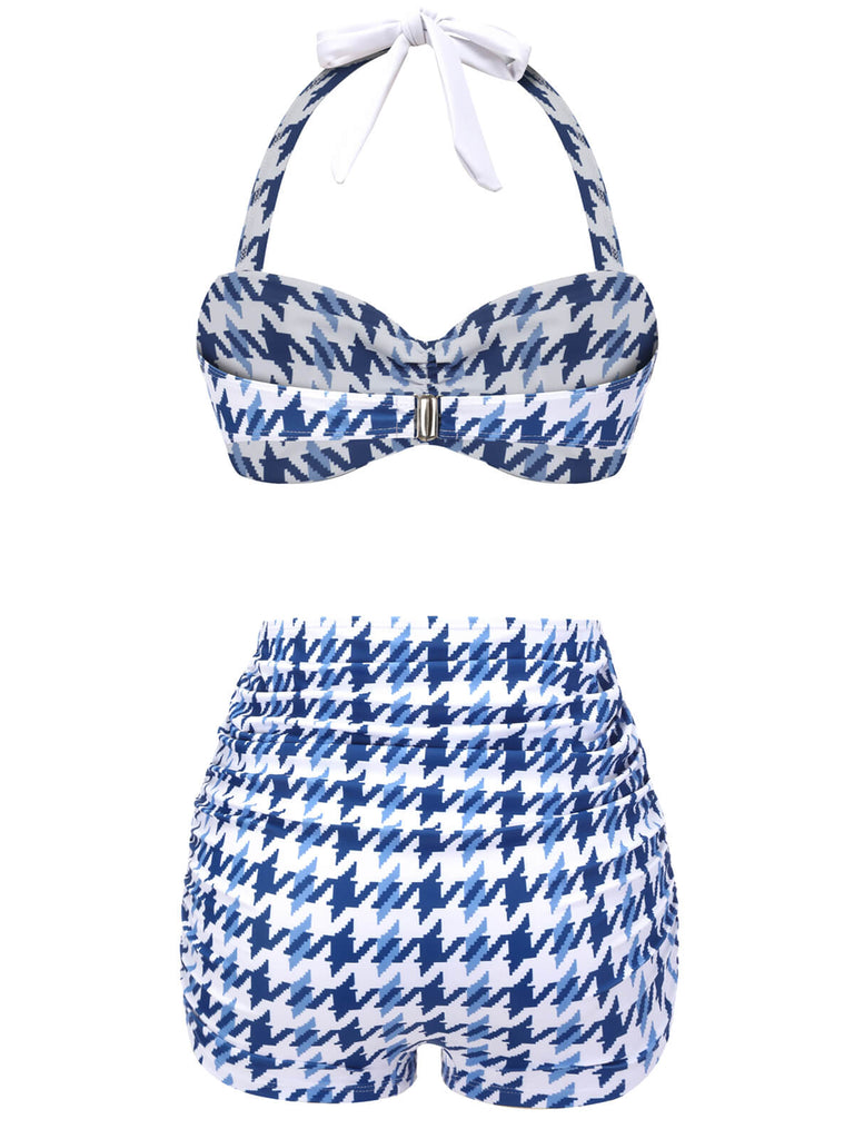 Blue 1940s Houndstooth Bow Halter Swimsuit
