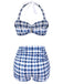 Blue 1940s Houndstooth Bow Halter Swimsuit