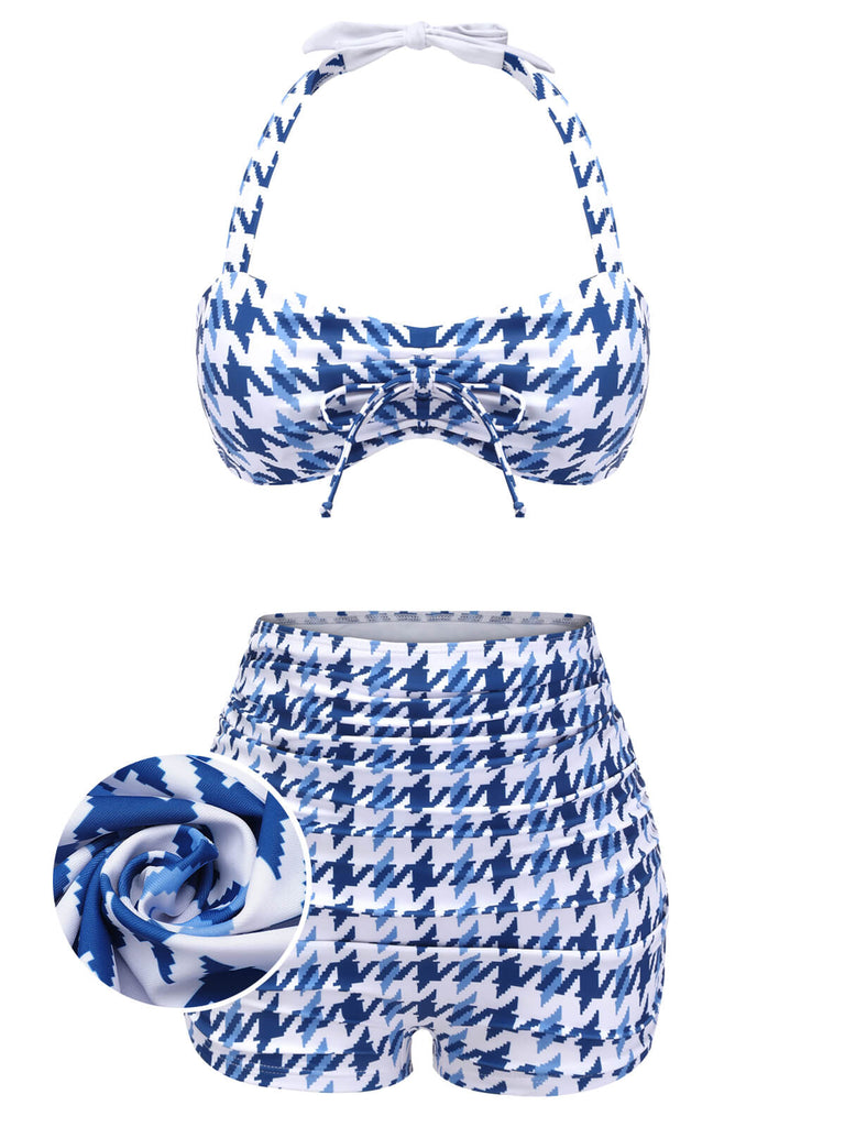 Blue 1940s Houndstooth Bow Halter Swimsuit