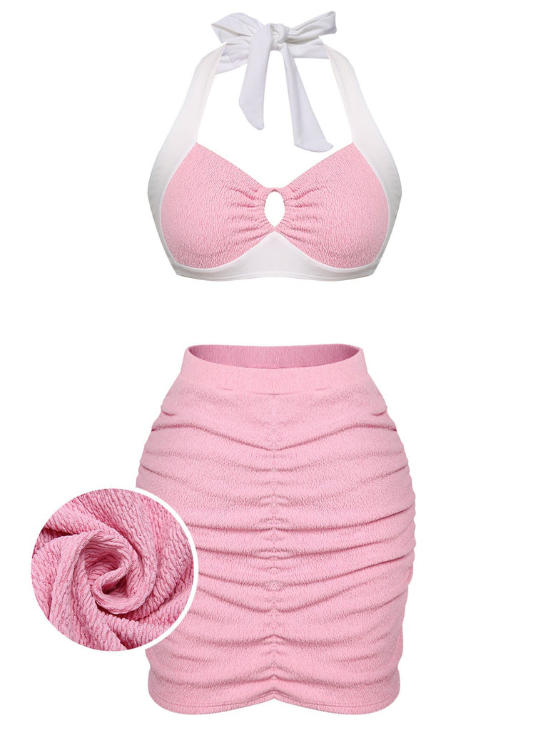 Pink 1940s Patchwork Lace-Up Halter Swimsuit