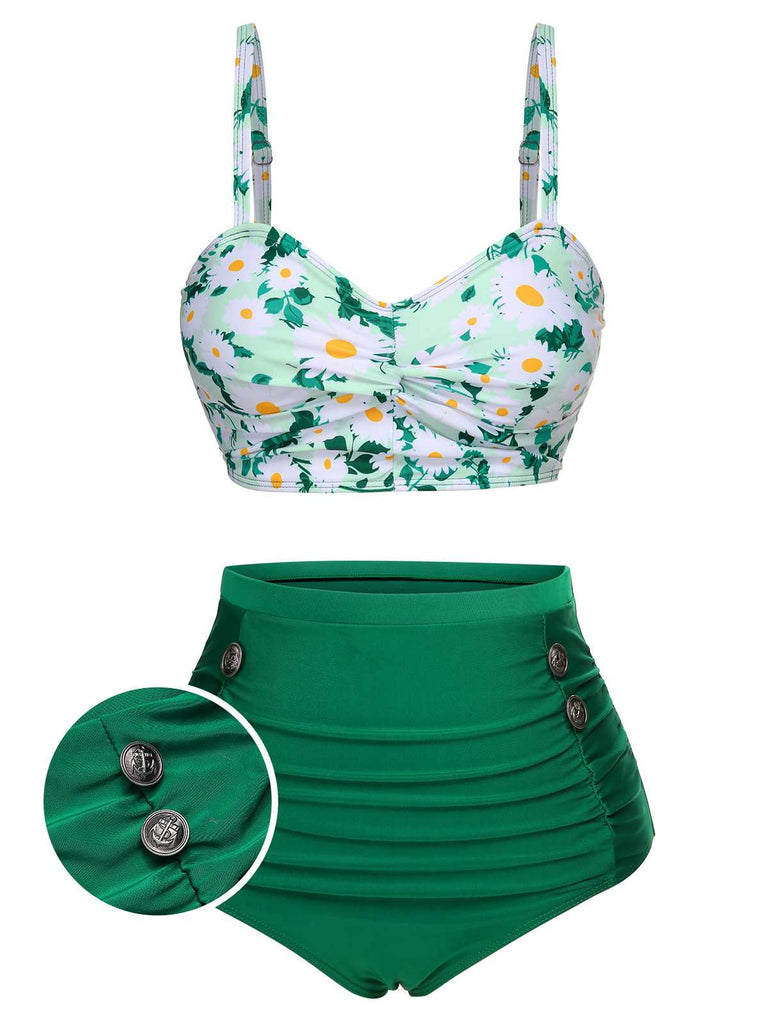 Green 1950s Daisy Strap Pleated Swimsuit