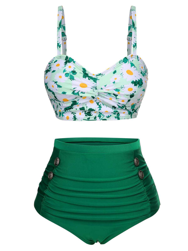 Green 1950s Daisy Strap Pleated Swimsuit