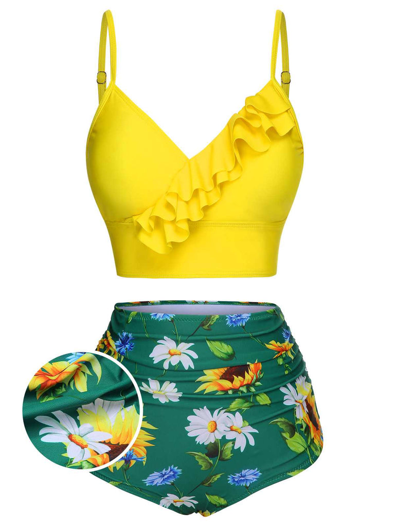 ‍2PCS Yellow 1950s Sunflower Ruffles V-Neck Swimsuit (60% off)