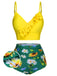 2PCS Yellow 1950s Sunflower Ruffles V-Neck Swimsuit