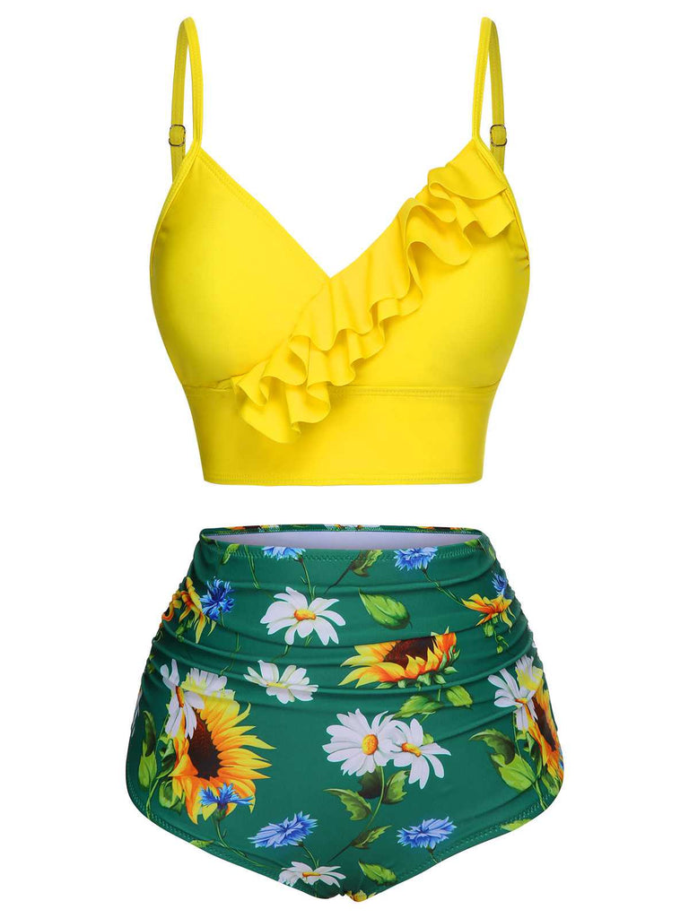 2PCS Yellow 1950s Sunflower Ruffles V-Neck Swimsuit