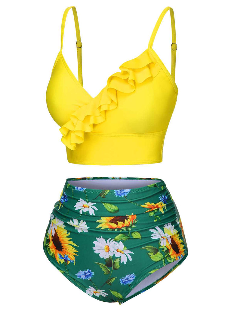 2PCS Yellow 1950s Sunflower Ruffles V-Neck Swimsuit