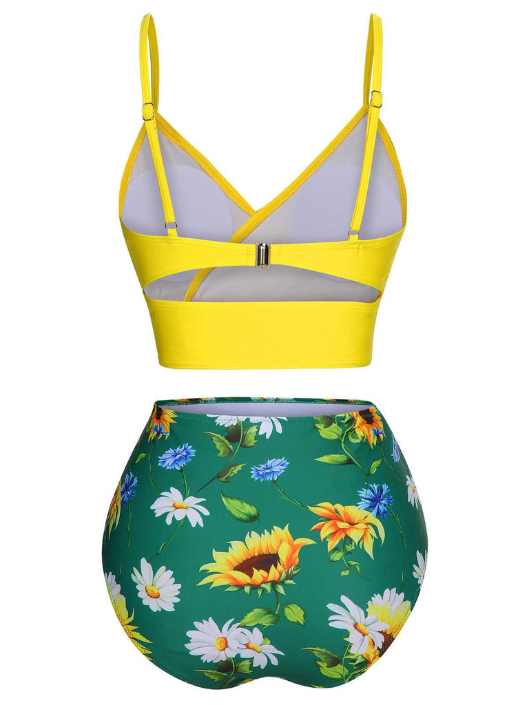 2PCS Yellow 1950s Sunflower Ruffles V-Neck Swimsuit