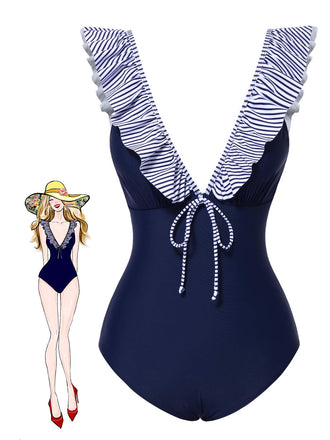 Dark Blue 1940s Striped Ruffled Swimsuit